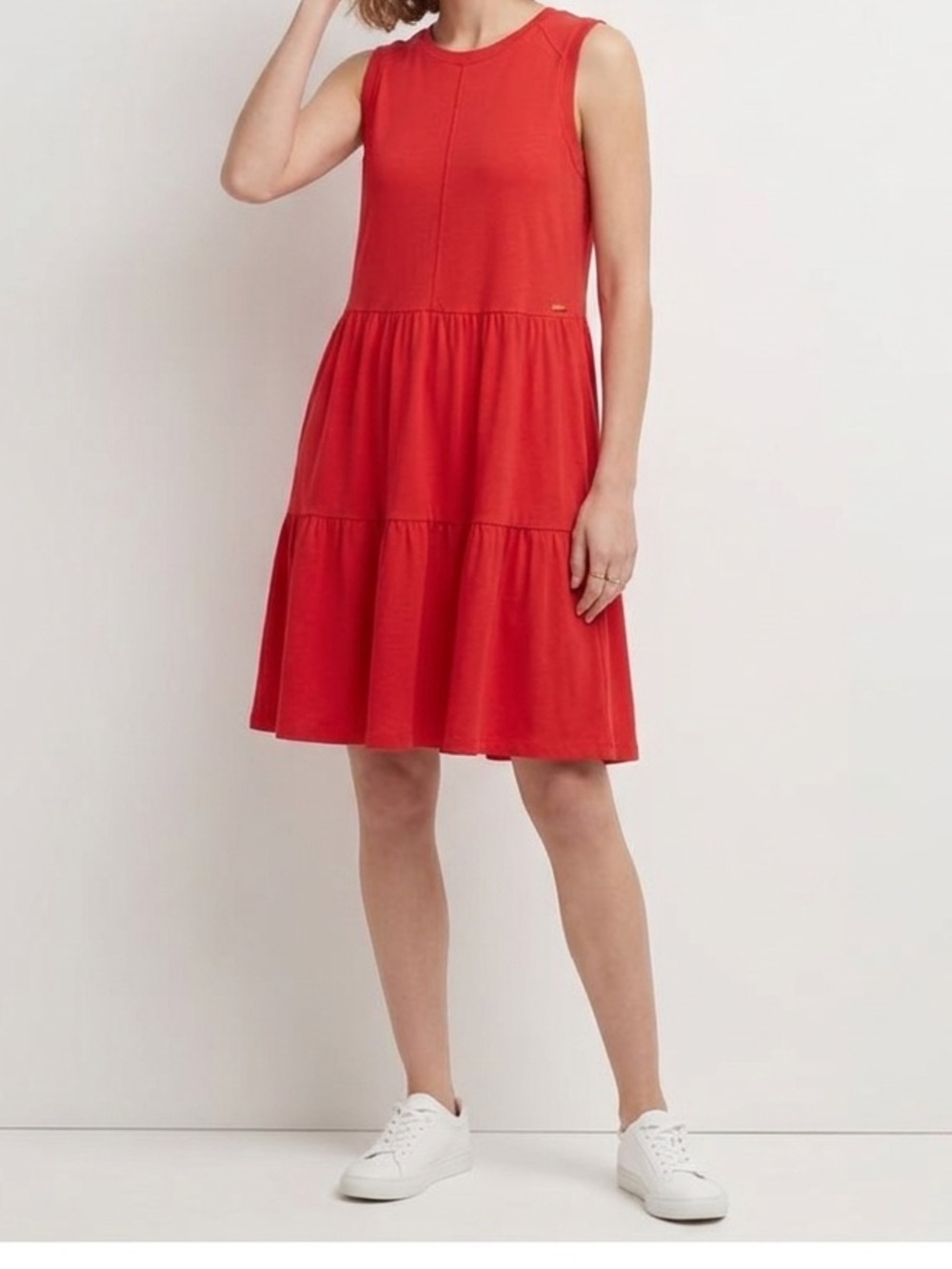 DKNY Red Sleeveless Tiered Babydoll Mini Dress Size Small S Crew Neck Knit❤️